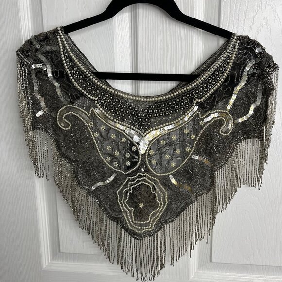 Vintage BEADED FRINGED SHAWL, Capelet with Scoop Neck, V Back, Costume Wedding - Picture 6 of 6